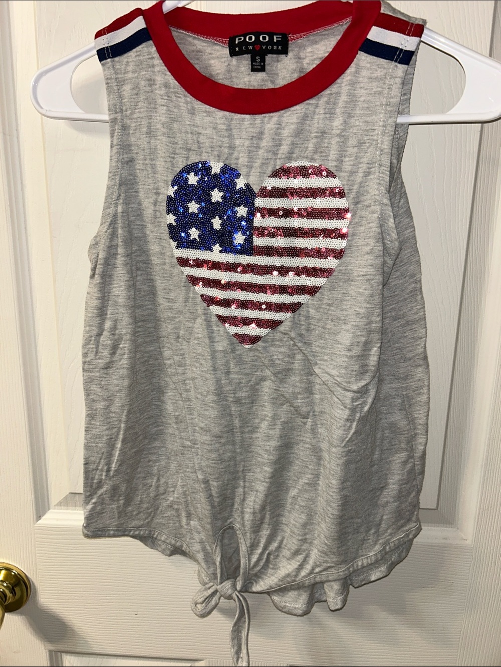 Poof! Gray Tank Top with Red Trim and American Flag Sequin Heart